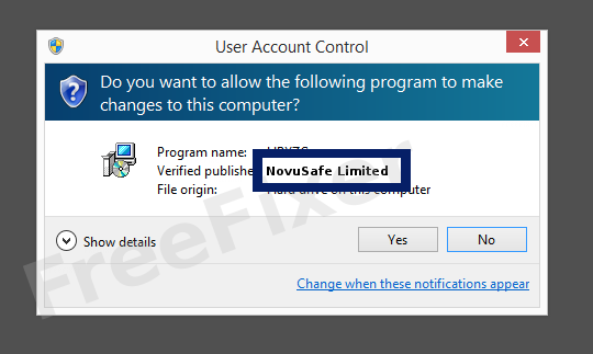 Screenshot where NovuSafe Limited appears as the verified publisher in the UAC dialog